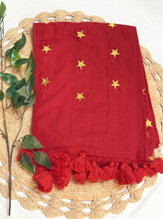 Ruby Red Mul Cotton Saree with Golden Star Butti & Tassel Pallu