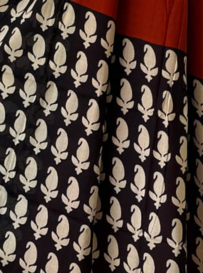 Black & Rust Bagru Print Cotton Saree with Leaf Motifs