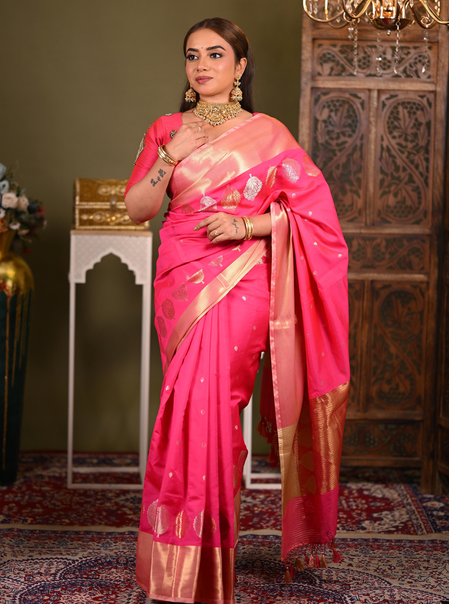 Royal Pink Mango Silk Banarasi Saree with Gold Zari Motifs