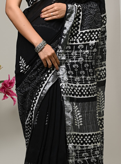 Elegant Black Linen Cotton Saree with Silver Traditional Prints