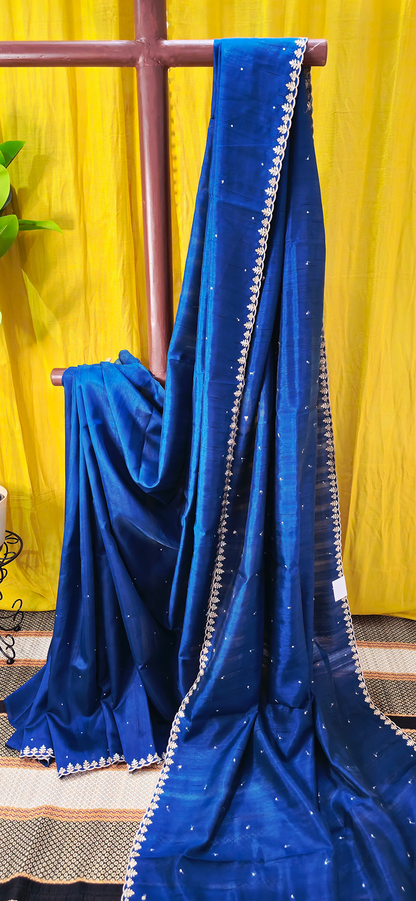 Beautiful Blue Tussar Silk Saree with Silver Embroidery Border for Festive and Party Wear