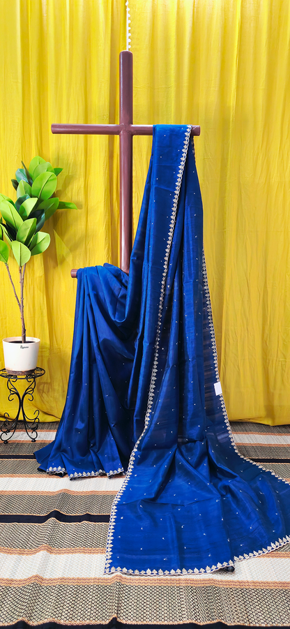 Beautiful Blue Tussar Silk Saree with Silver Embroidery Border for Festive and Party Wear