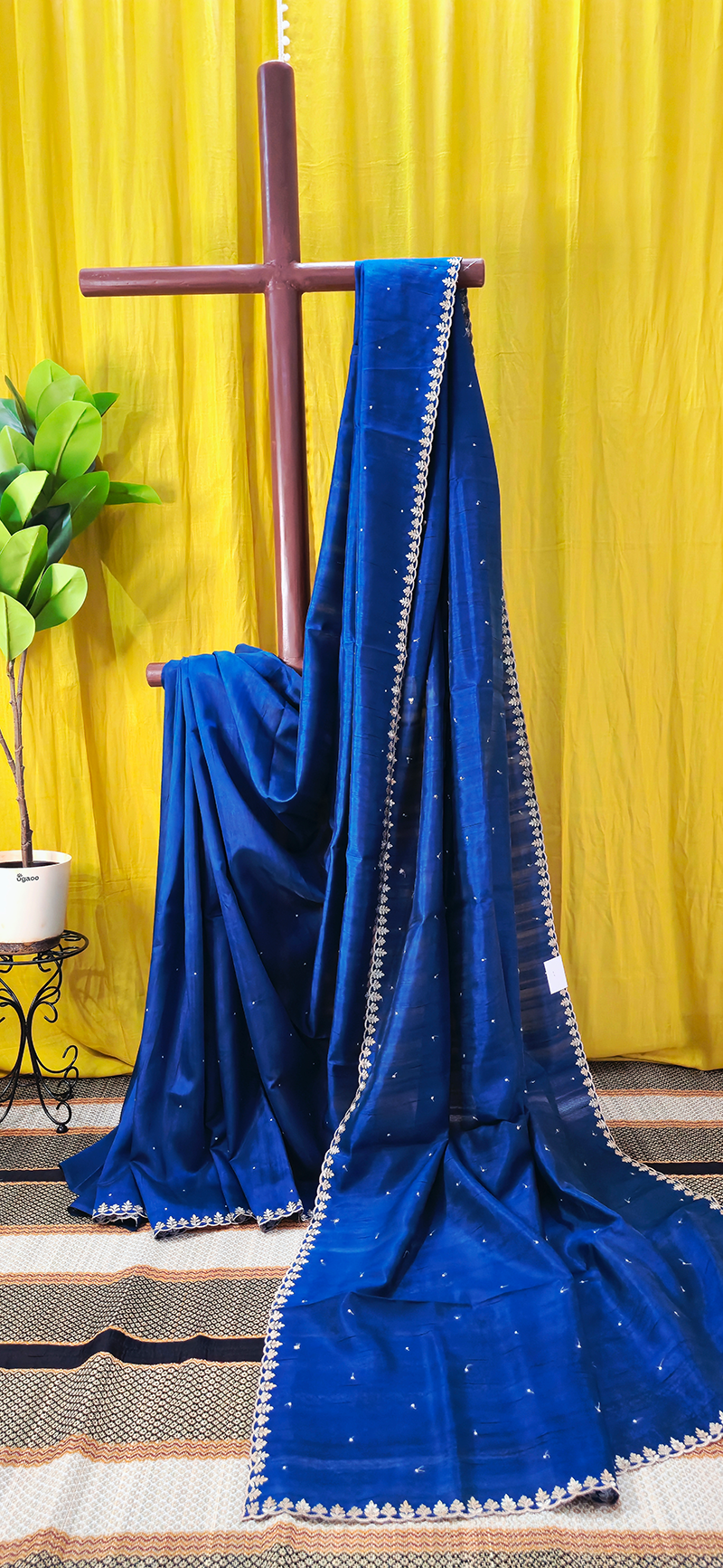 Beautiful Blue Tussar Silk Saree with Silver Embroidery Border for Festive and Party Wear
