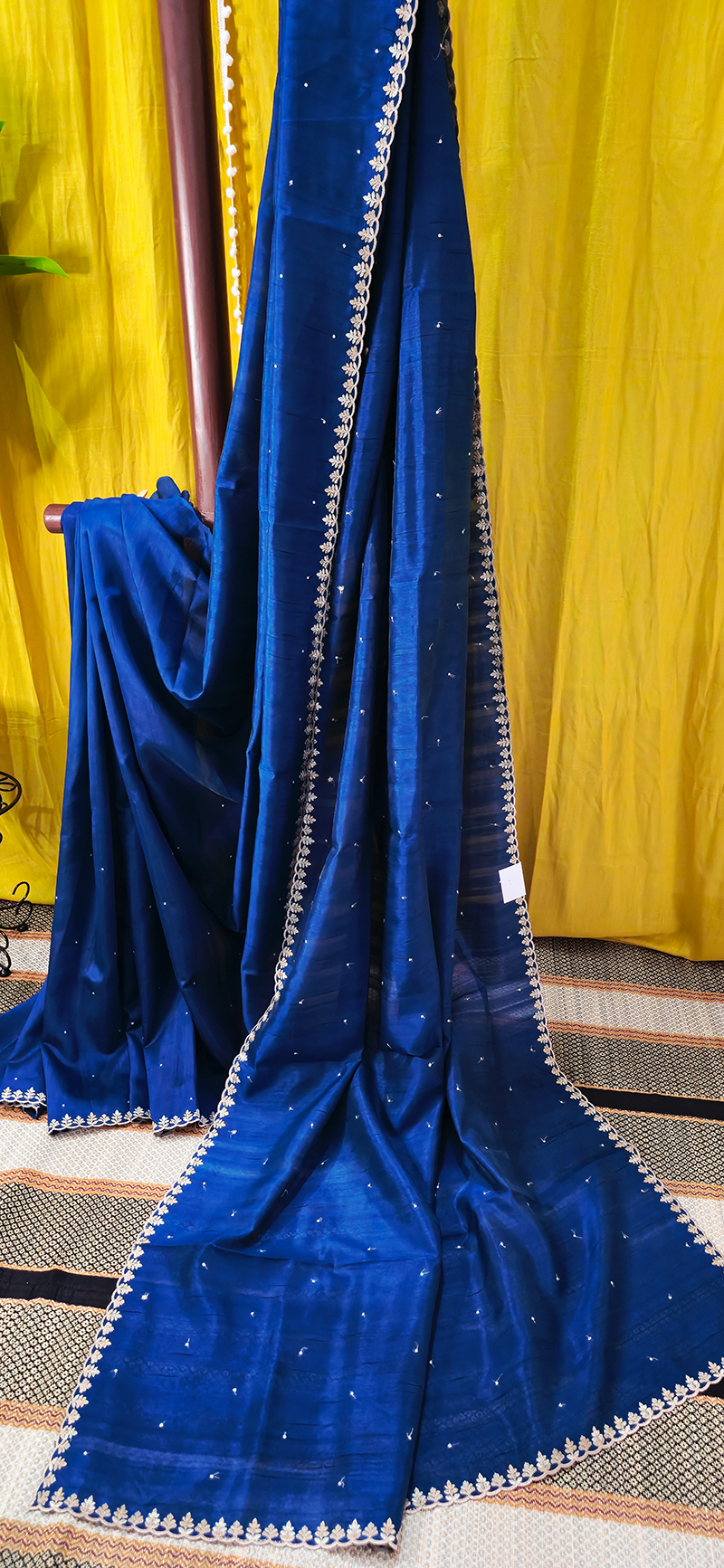 Beautiful Blue Tussar Silk Saree with Silver Embroidery Border for Festive and Party Wear
