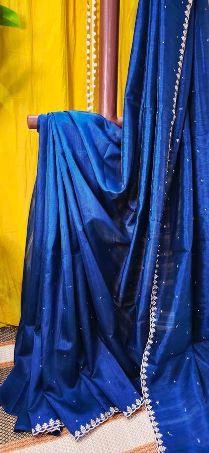 Beautiful Blue Tussar Silk Saree with Silver Embroidery Border for Festive and Party Wear