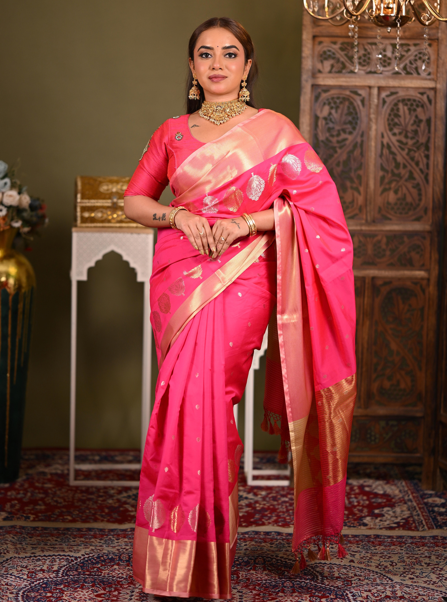 Royal Pink Mango Silk Banarasi Saree with Gold Zari Motifs