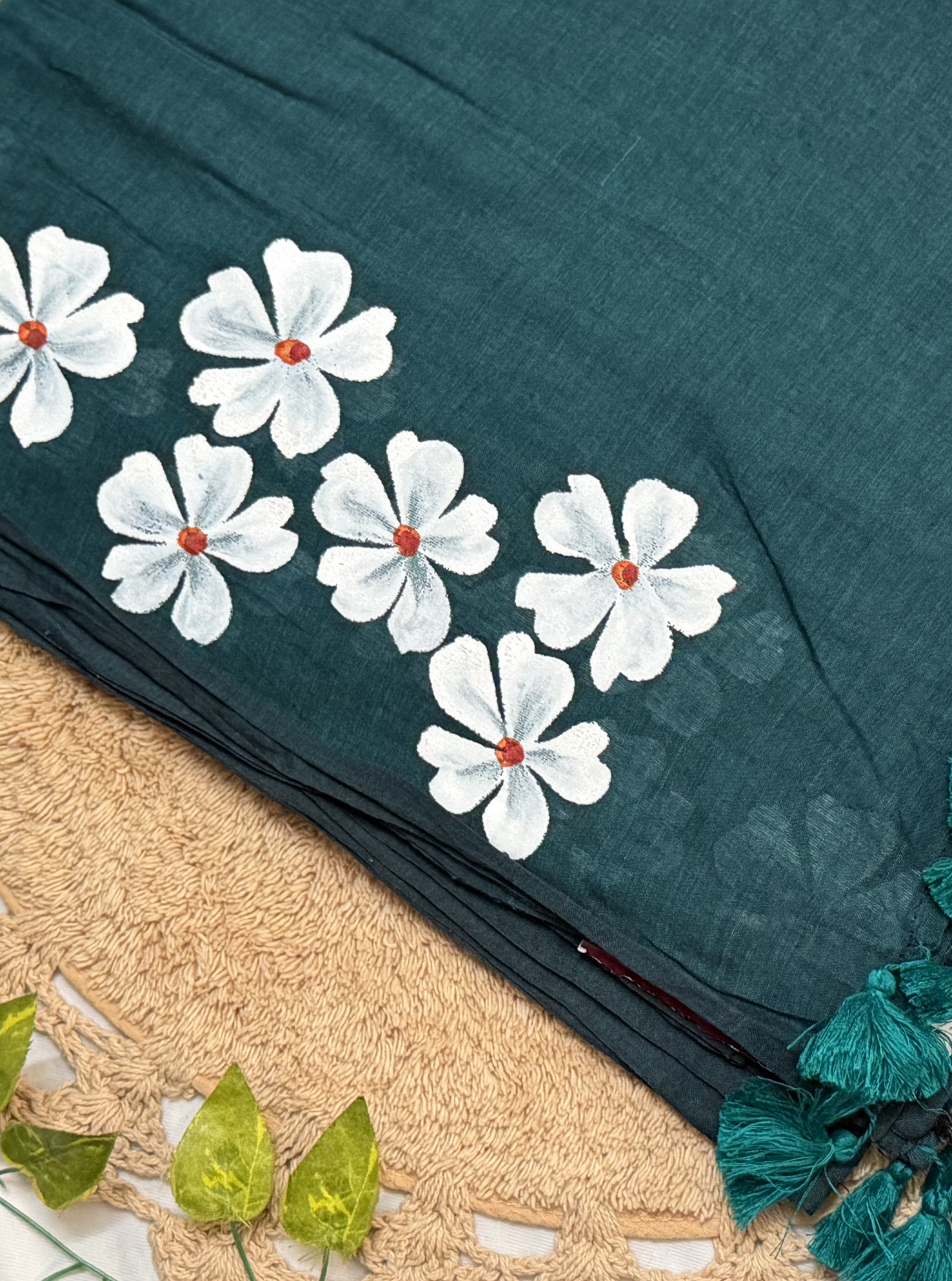 Emerald Green Mul Cotton Saree with White Floral Design & Tassels