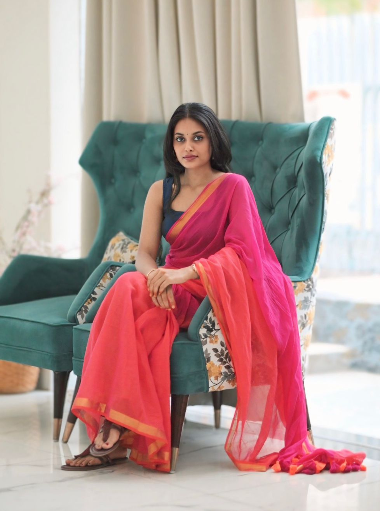 Dual Tone Pink & Orange Mul Cotton Saree with Contrast Border