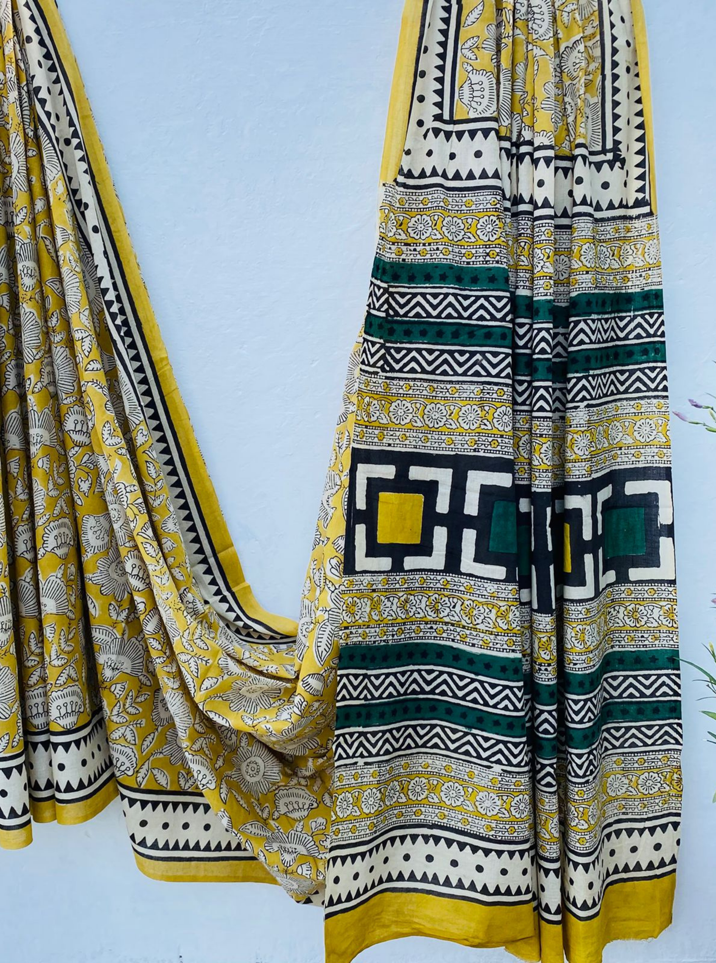 Mustard Yellow Bagru Handblock Printed Cotton Saree