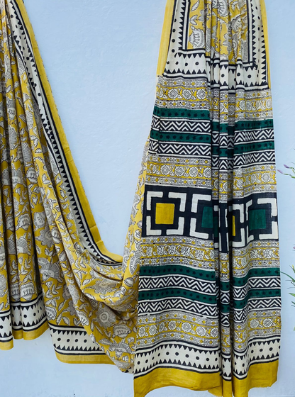 Mustard Yellow Bagru Handblock Printed Cotton Saree