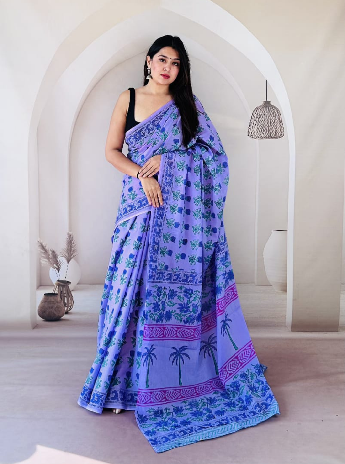 Lavender Cotton Jaipur Bagru Print Saree