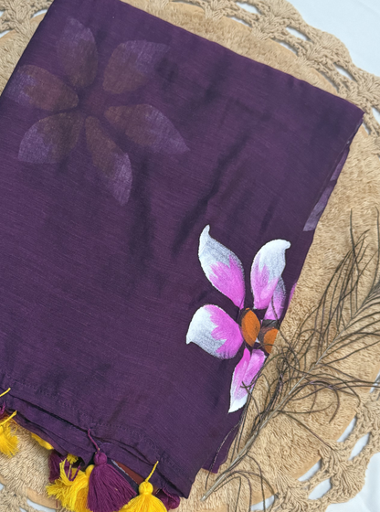 Plum Mul Cotton Saree with Hand-Painted Floral Design & Contrast Tassels