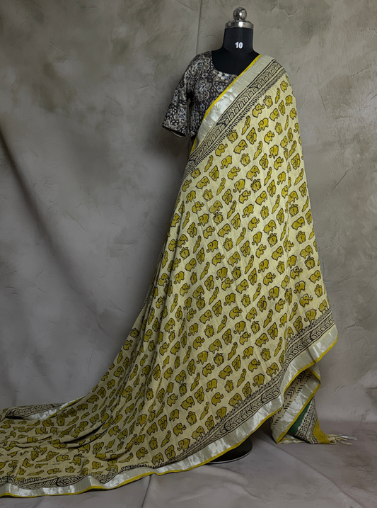 Ivory Lenin Cotton Saree with Yellow Elephant Motifs & Ethnic Border