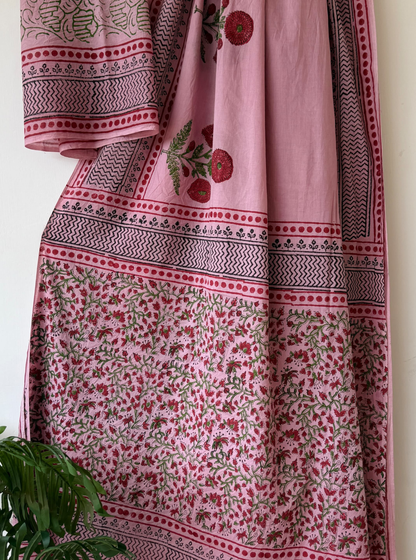 Blush Pink Bagru Print Cotton Saree with Floral Jaal Design