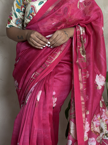Rani Pink Chanderi Silk Saree with Floral Digital Print