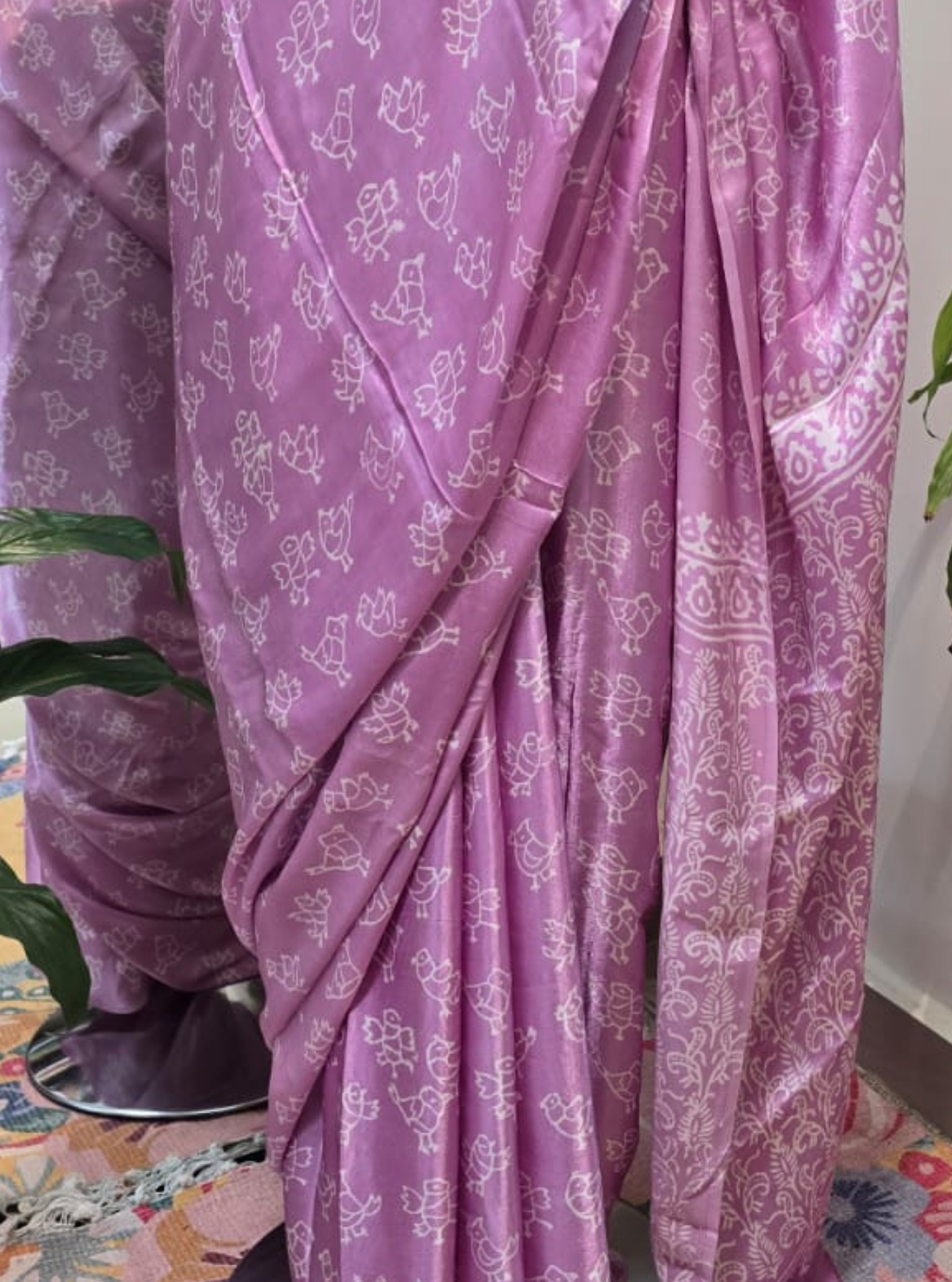 Lavender Pink Modal Silk Saree with Traditional Motif Print