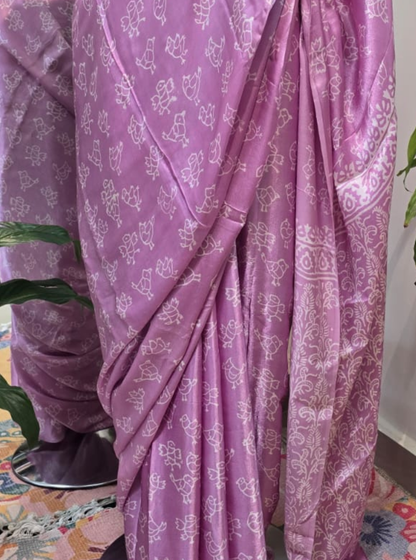 Lavender Pink Modal Silk Saree with Traditional Motif Print