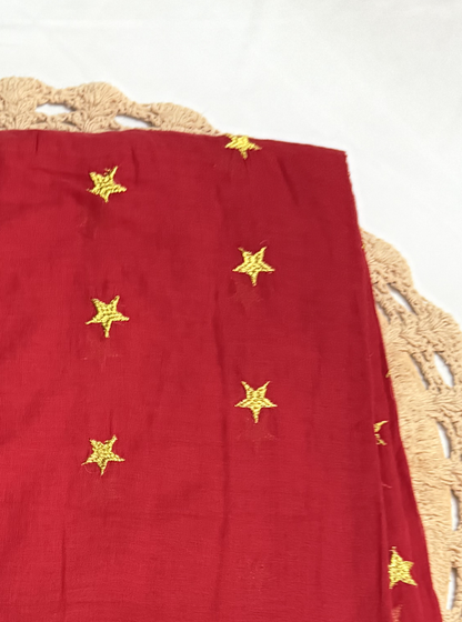 Ruby Red Mul Cotton Saree with Golden Star Butti & Tassel Pallu