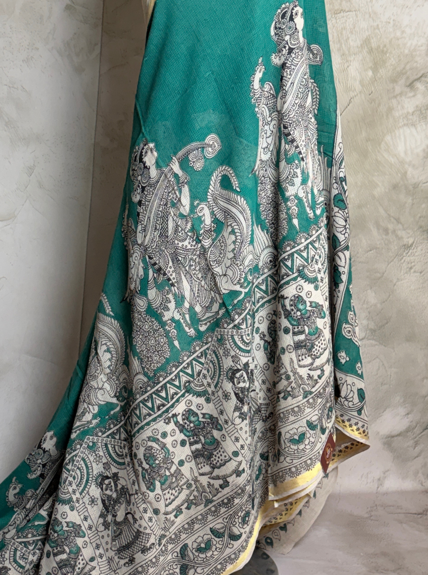 Teal Green Kota Cotton Saree with Mythological Kalamkari Inspired Border