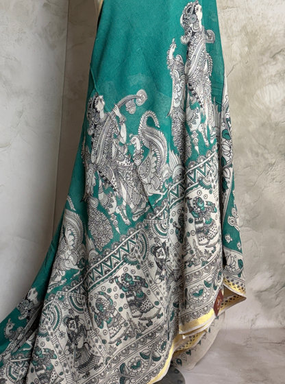 Teal Green Kota Cotton Saree with Mythological Kalamkari Inspired Border