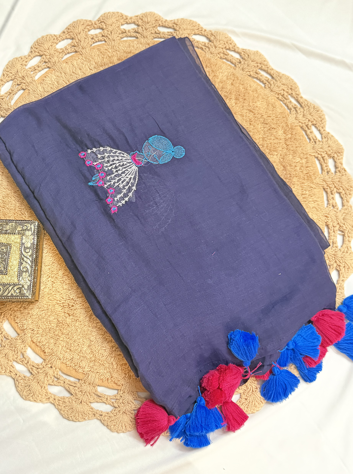 Navy Mul Cotton Saree with Doll Embroidery & Contrast Tassels