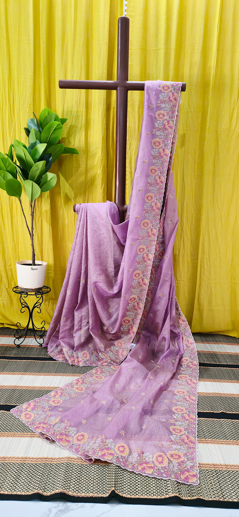 Stunning Pastel Pink Crushed Tissue Silk Saree with Flower Embroidery for Festive Wear
