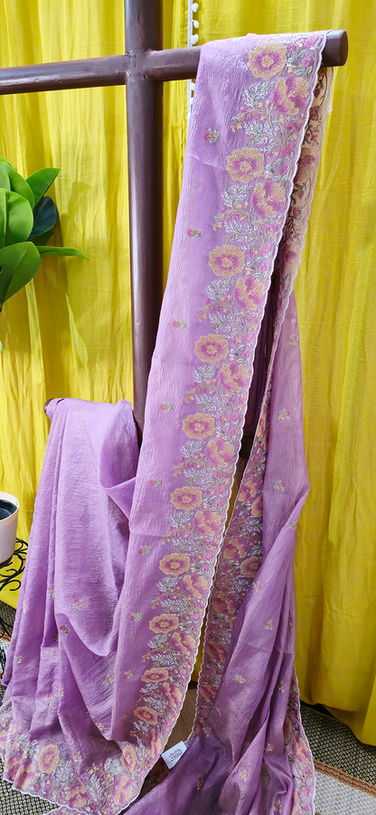Stunning Pastel Pink Crushed Tissue Silk Saree with Flower Embroidery for Festive Wear