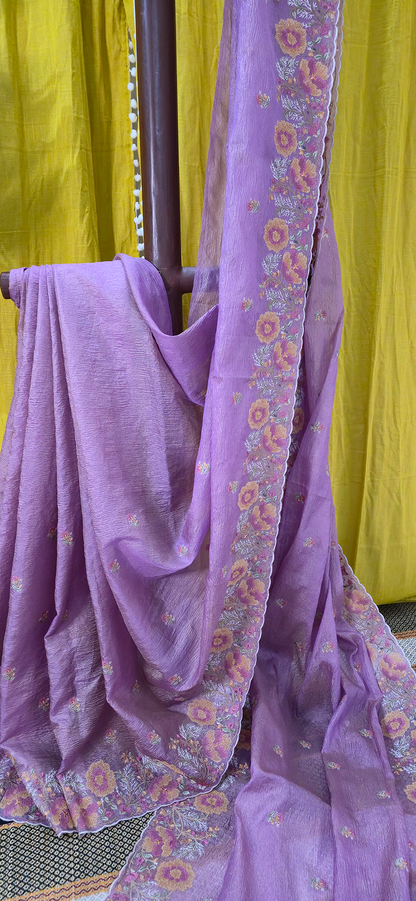 Stunning Pastel Pink Crushed Tissue Silk Saree with Flower Embroidery for Festive Wear