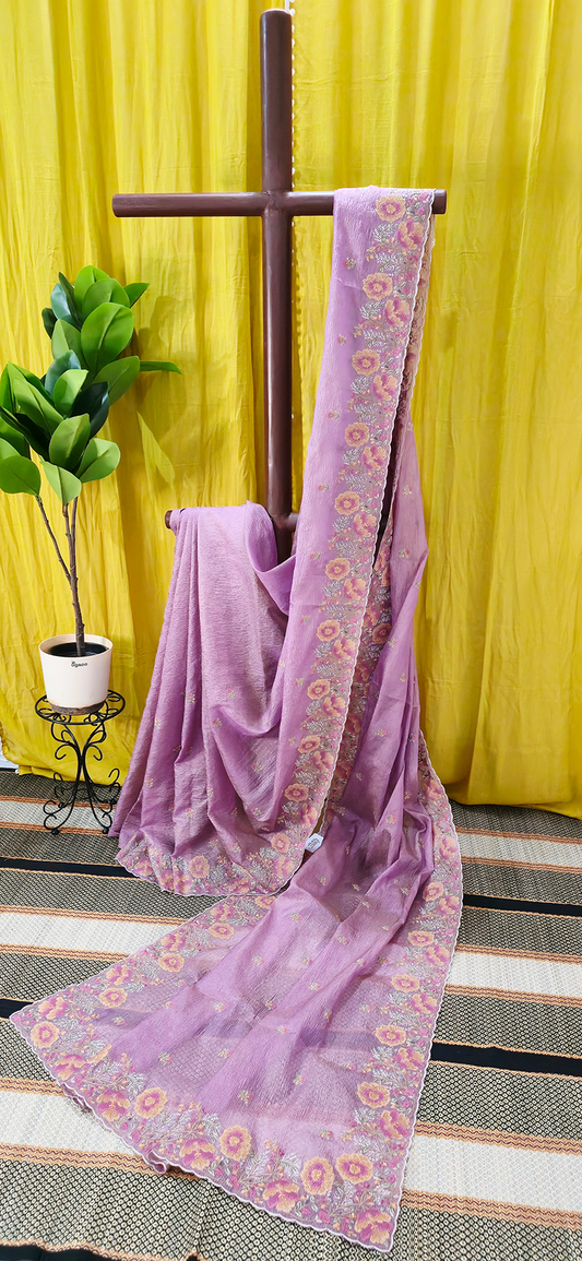 Stunning Pastel Pink Crushed Tissue Silk Saree with Flower Embroidery for Festive Wear