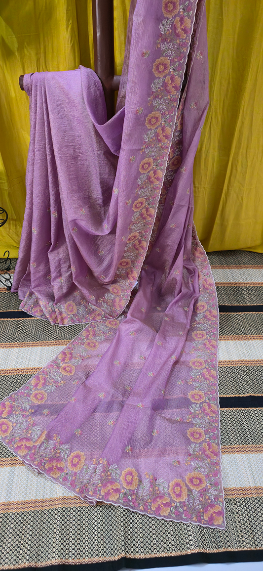 Stunning Pastel Pink Crushed Tissue Silk Saree with Flower Embroidery for Festive Wear