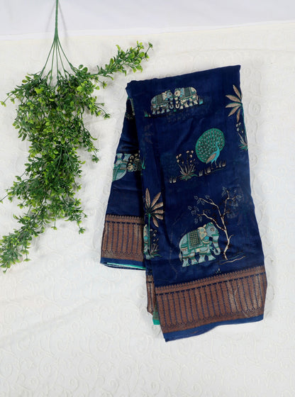 Navy Blue Chanderi Silk Saree with Teal Floral Motifs & Antique Zari Border