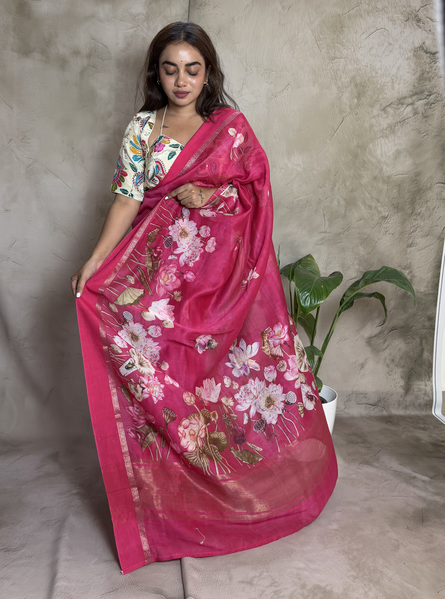 Rani Pink Chanderi Silk Saree with Floral Digital Print