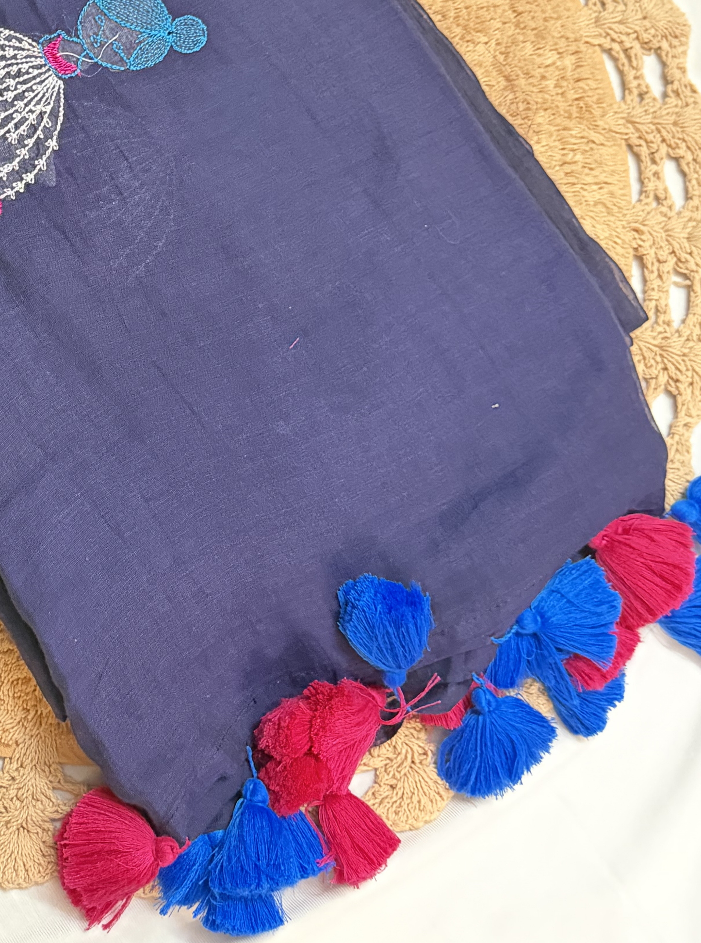 Navy Mul Cotton Saree with Doll Embroidery & Contrast Tassels