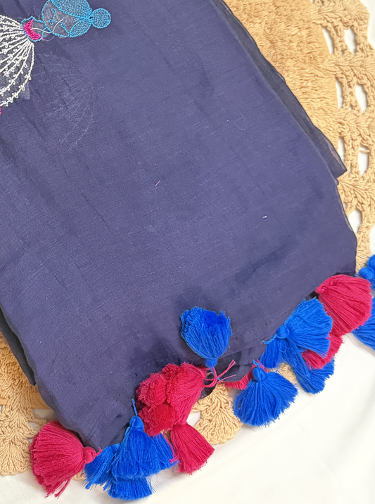 Navy Mul Cotton Saree with Doll Embroidery & Contrast Tassels
