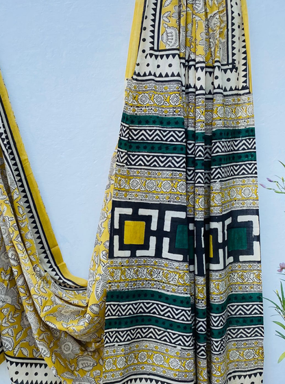 Mustard Yellow Bagru Handblock Printed Cotton Saree