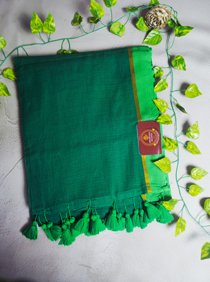 Elegant Green Mul Cotton Saree with Golden Border & Tassel Pallu