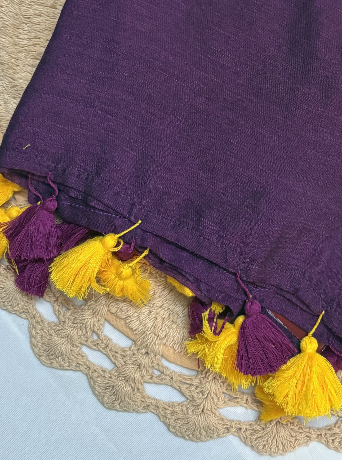 Plum Mul Cotton Saree with Hand-Painted Floral Design & Contrast Tassels