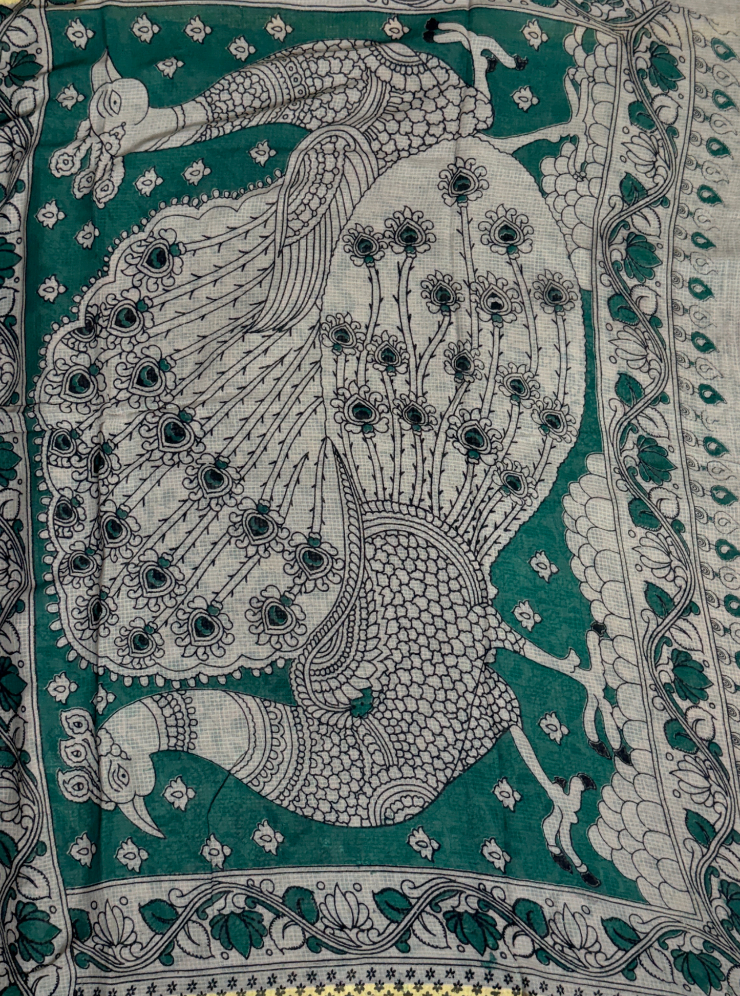 Teal Green Kota Cotton Saree with Mythological Kalamkari Inspired Border