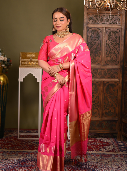 Royal Pink Mango Silk Banarasi Saree with Gold Zari Motifs