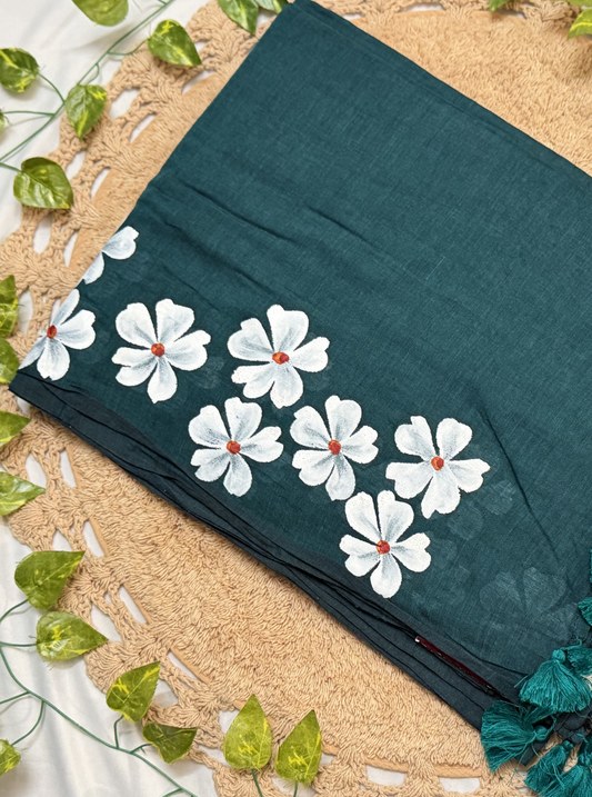 Emerald Green Mul Cotton Saree with White Floral Design & Tassels