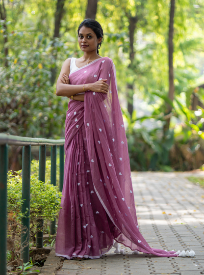 Soft Rose Pink Mul Cotton Saree with Heart Motifs