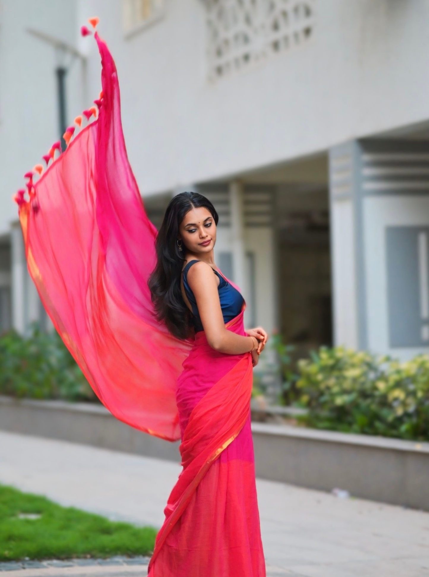 Dual Tone Pink & Orange Mul Cotton Saree with Contrast Border