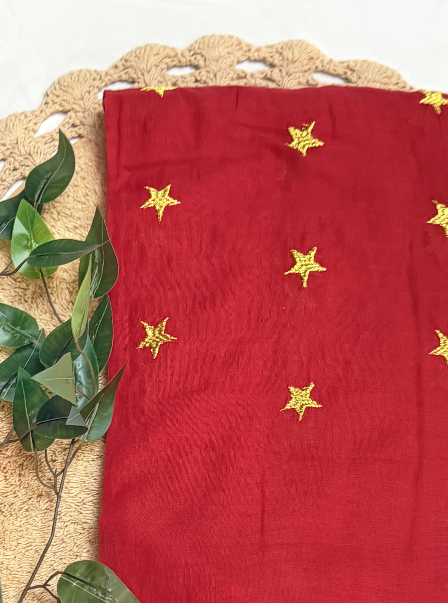 Ruby Red Mul Cotton Saree with Golden Star Butti & Tassel Pallu