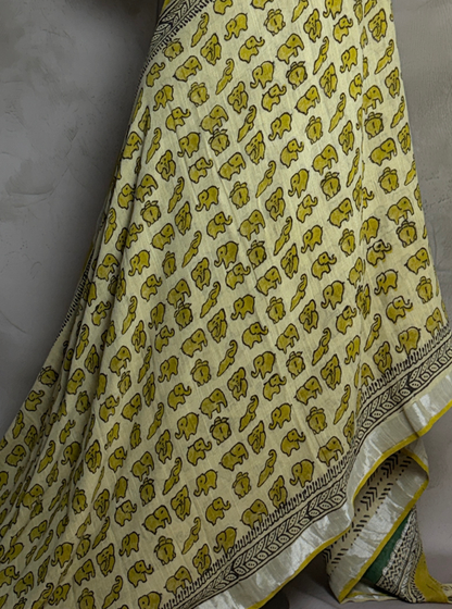 Ivory Lenin Cotton Saree with Yellow Elephant Motifs & Ethnic Border