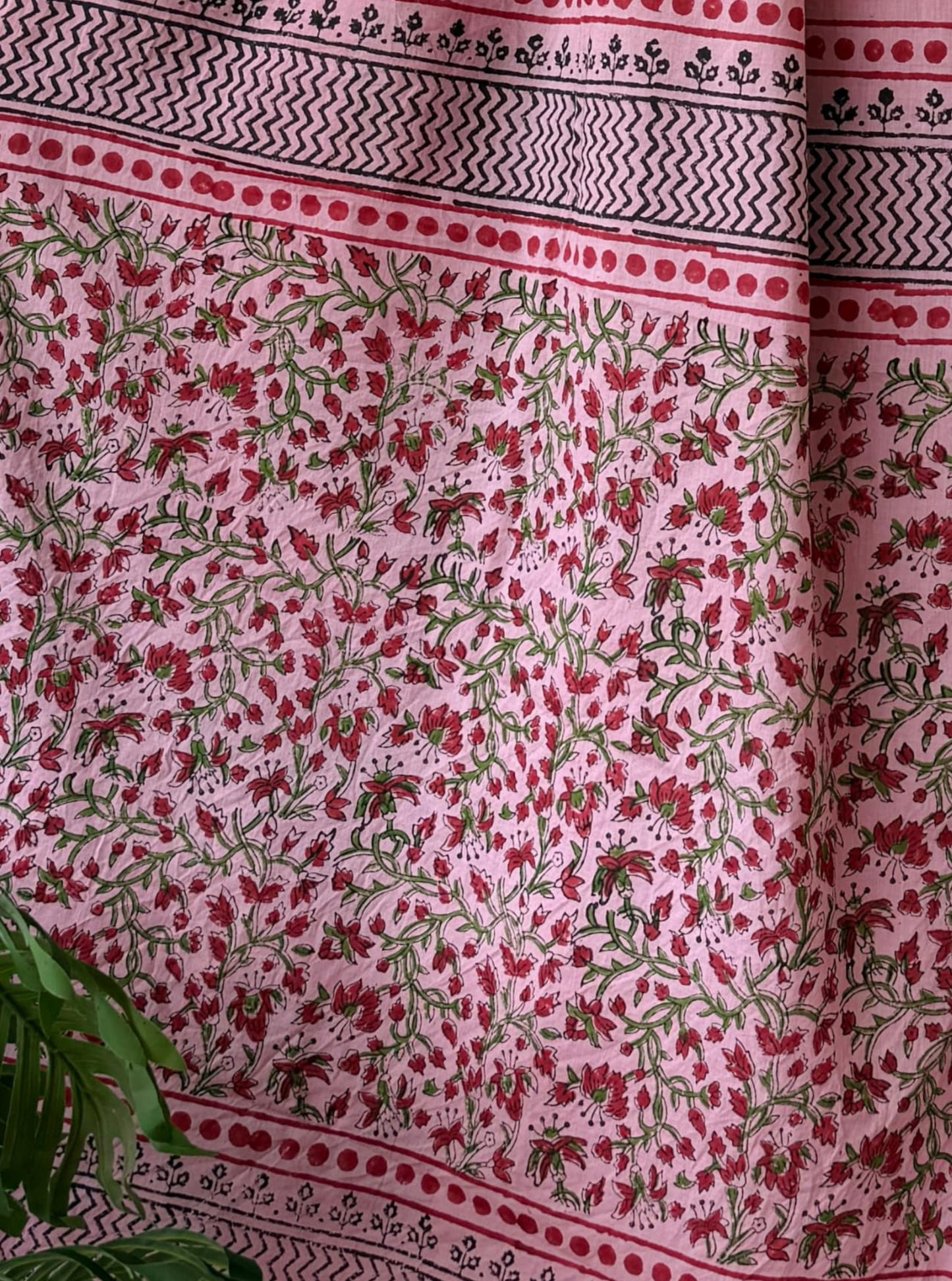 Blush Pink Bagru Print Cotton Saree with Floral Jaal Design