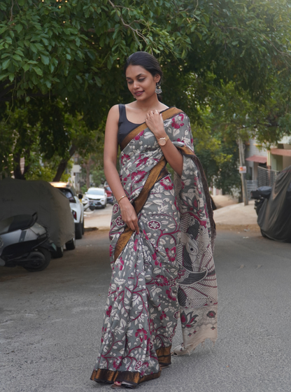 Grey & Maroon Mangalagiri Silk Saree with Elegant Floral Kalamkari-Inspired Design