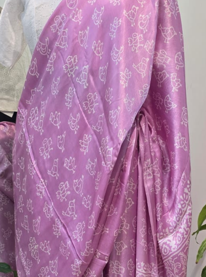 Lavender Pink Modal Silk Saree with Traditional Motif Print