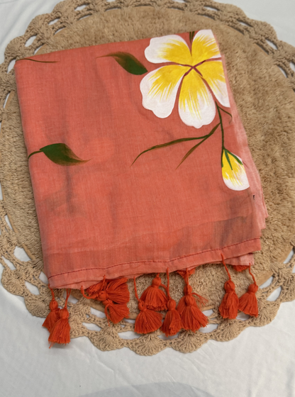 Peach Mul Cotton Saree with Hand-Painted Floral Design & Tassel Finish
