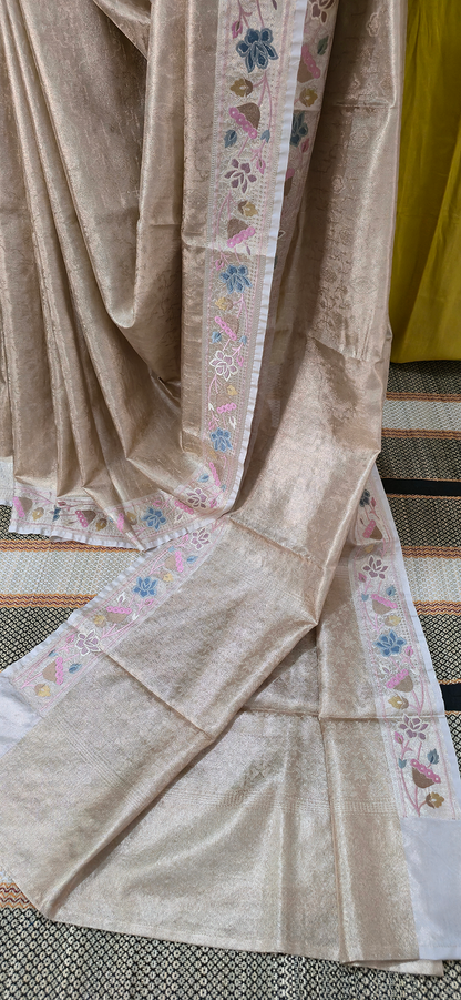 Elegant Gold Tissue Silk Saree with Embroidery Design for Festive and Party Wear