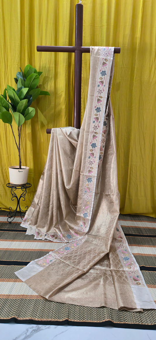 Elegant Gold Tissue Silk Saree with Embroidery Design for Festive and Party Wear